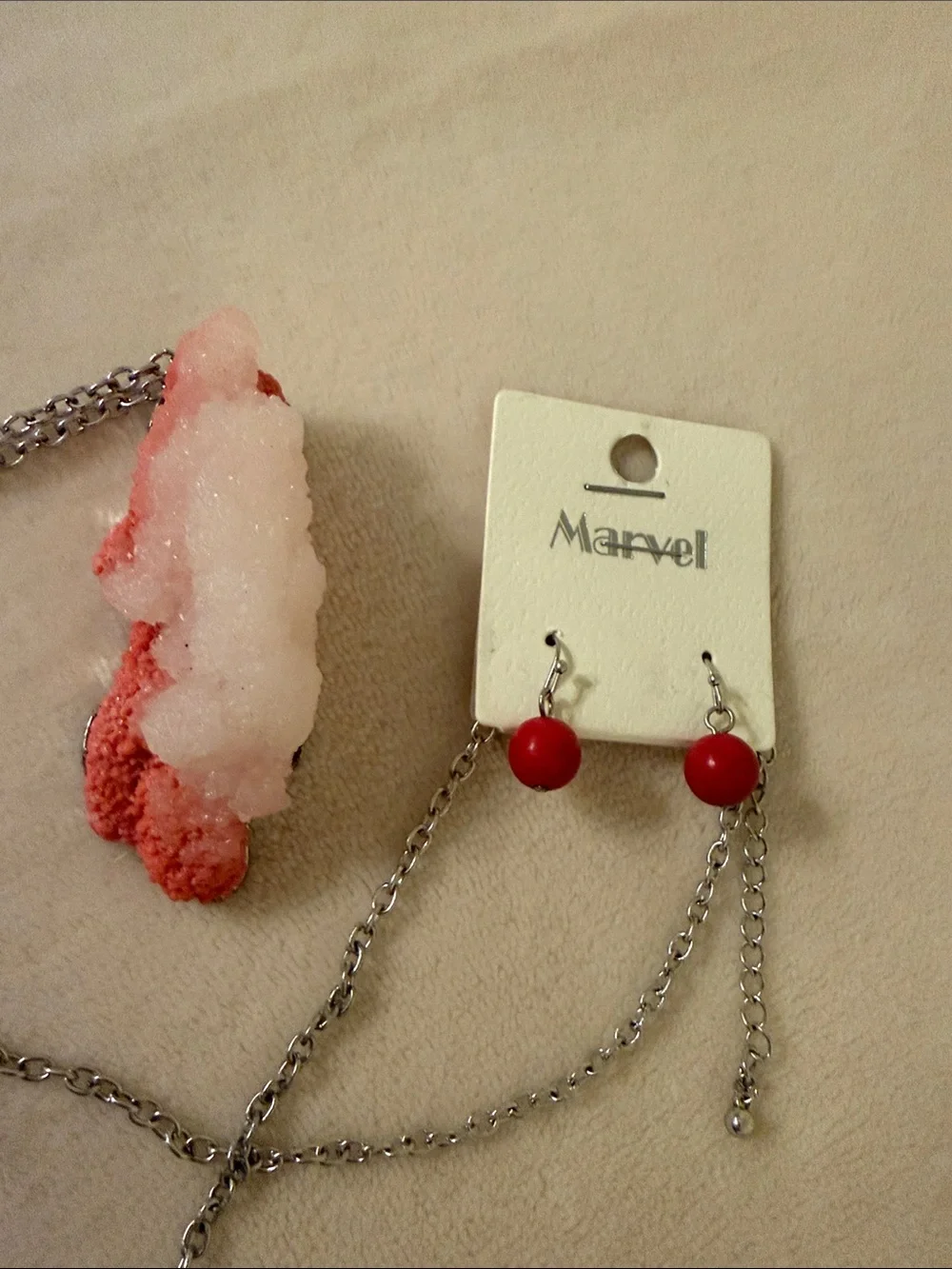 Marvel Red Bead earrings & Necklace with Silver Chains